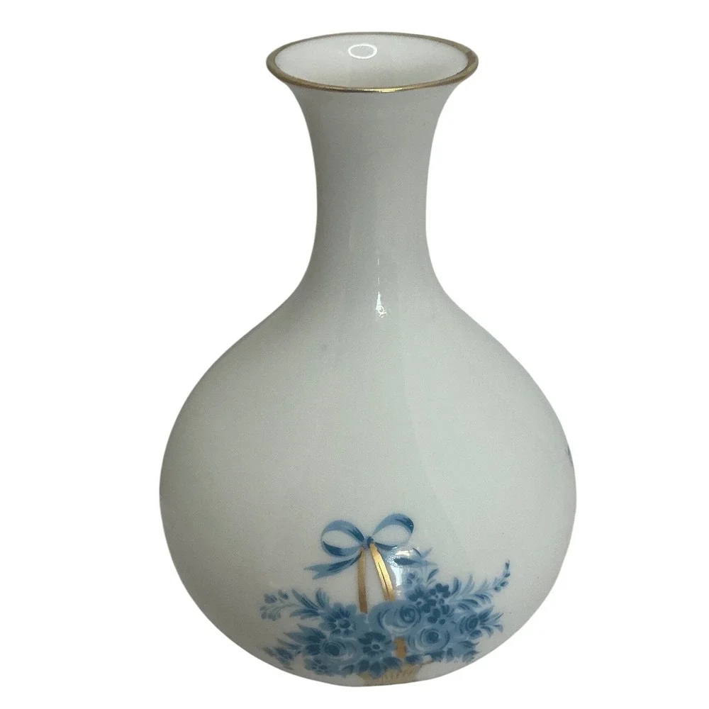 Heinrich H&C Selb Bavaria Vintage Bud Vase Blue Floral Basket Gold Rim 6.25